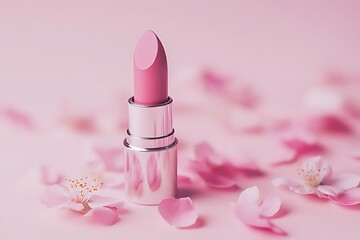 Photo of a pink lipstick with cherry blossoms on a pastel background, a beauty product mockup, and a beauty concept.