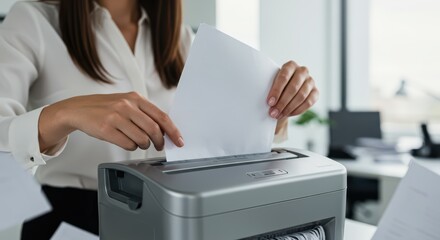 Secretary shredding documents in an office, processing sensitive information for data protection. File destruction concept for banner or poster with copy space.
