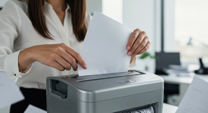 Secretary shredding documents in an office, processing sensitive information for data protection. File destruction concept for banner or poster with copy space.