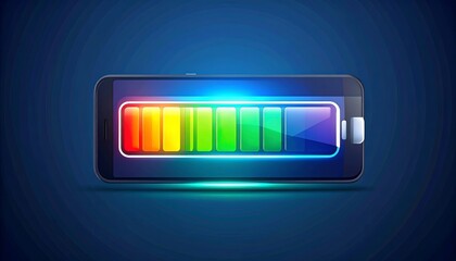 Futuristic mobile phone with a glowing, colorful battery charge indicator on the screen. A concept of digital power and energy.