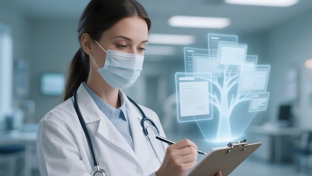 Medical professional reviewing data with a digital tree structure overlay in a clinical setting