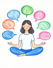 A serene woman meditating with colorful speech bubbles, symbolizing mindfulness and inner peace.