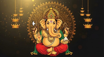 Fototapeta premium Illustration of lord ganesha in a seated position with decorative elements and hanging lamps around him