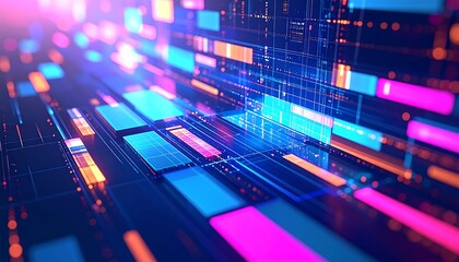 Vibrant digital data stream moving through a futuristic information superhighway. Abstract technology background with glowing neon lights.