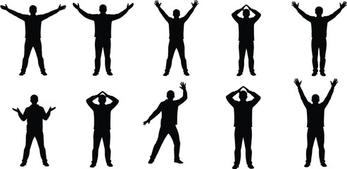 Human gesture silhouettes, black and white illustration, standing pose clipart, arm movement design, body language reference, posture art, vector graphic