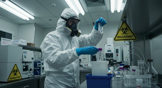 Laboratory Scientist in Hazmat Suit Handling Biohazard Samples