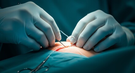 Surgeon's gloved hands performing precise suturing during a medical operation, highlighting a delicate surgical procedure.