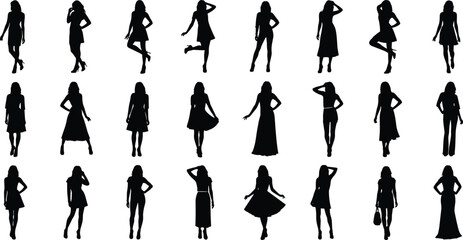 Human silhouette collection, black and white illustration, standing pose clipart, fashion figure design, posture reference, gesture artwork, clothing style vector