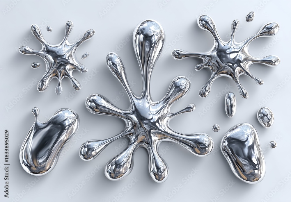 Poster a collection of silver objects that look like splatters of paint