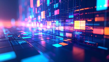 Abstract futuristic background of glowing digital data blocks flowing in a virtual information space.