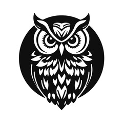 Owl logo with sharp gaze, clean lines, symbol of wisdom and power. vector owl, owl emblem, night bird, tribal owl	
