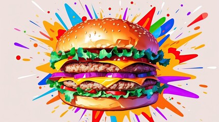 Artistic depiction of a double cheeseburger with juicy patties, cheese, vegetables, and a vibrant pop-art background