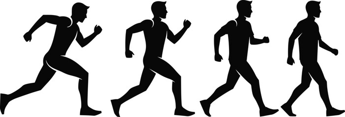 Movement silhouette sequence, walking pose, brisk walk, jogging motion, running figure, black icon, athlete transition, vector graphic, sports illustration