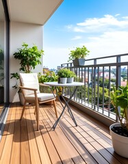 A bright balcony with plants and a small table, perfect for relaxation and enjoying the outdoor view.