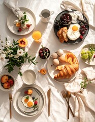 A beautiful breakfast table setting with a variety of healthy foods, fruits, and drinks for a delightful morning.