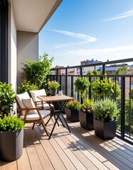 A sunny balcony with lush plants and stylish furniture, perfect for relaxation and enjoying outdoor moments.