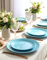 Elegant dining table set with turquoise plates, glassware, and fresh flowers, creating a stylish atmosphere.
