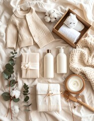 Cozy and warm flat lay of beige clothing and personal care items, perfect for a serene and stylish atmosphere.
