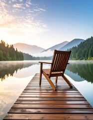 A serene wooden chair on a dock overlooking a tranquil lake and majestic mountains during sunrise.