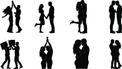 Romantic couple silhouette set, love poses, dancing, kissing, embracing, holding hands, relationship icons, black vector art, passion, intimacy