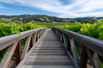Scenic wooden bridge over vineyard with rolling hills and blue sky