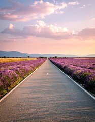 A stunning view of a lavender field with a peaceful road under a beautiful sunset sky.