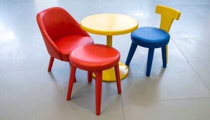 Obraz premium Modern children's furniture set in vibrant primary colors. A red chair, a blue chair, a red stool, and a yellow table for a kid's playroom interior.