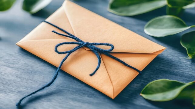 Envelope with a blue ribbon tied in a bow.