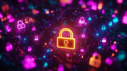 Colorful digital locks float in a vast cyber space. They symbolize security and privacy in the online world. This unique scene captures the essence of digital protection. Generative AI