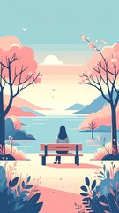 A serene illustration of a person sitting on a bench by a calm lake surrounded by colorful trees and distant mountains.