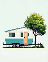 A vintage trailer home set under a lush tree, perfect for a peaceful getaway in nature, showcasing unique design.