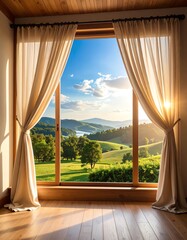 A serene view through a window showcasing rolling hills and a bright sky, enhancing peaceful living and nature immersion.