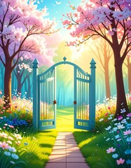 A picturesque scene with a charming gate surrounded by blooming flowers and lush greenery in a tranquil setting.