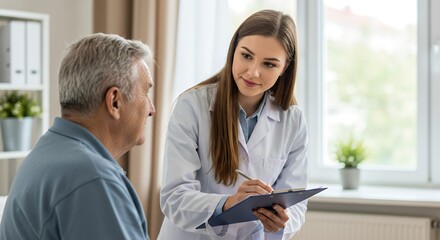 Female doctor consults senior male patient in a bright clinic, taking notes during a medical appointment for healthcare discussion.
