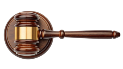 Dark Brown Wooden Gavel with Gold Band isolated on White Background