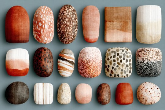 A collection of variously colored and textured rocks arranged in a grid