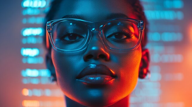 AI cybersecurity threat, black female IT specialist with glasses analyzing futuristic holographic data code on a computer screen. Blue data augmented reality, artificial intelligence, Generative AI - Powered by Adobe