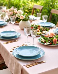 Elegant outdoor dining setup with fresh salads, floral decor, and stylish tableware for a memorable meal.