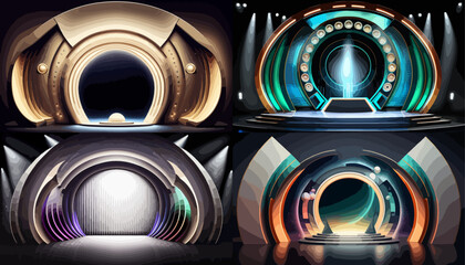 Four different futuristic stage designs, each with unique color schemes and geometric shapes, perfect for a virtual awards ceremony or presentation.