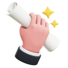 hand holding graduation certificate diploma 3d illustration isolated on transparent background