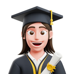 Happy graduation woman with diploma 3d character isolated on transparent bacgkround