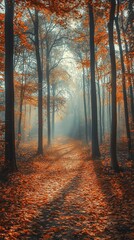 Autumn Forest Path Sunlight Filtering Through Tall Trees with Orange Leaves in Misty Morning