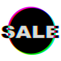 Glitch effect text 'Sale' in neon colors on black background. 80s, Y2K aesthetic, futuristic, vibrant glow. Social media, digital design, modern 2000s, creative banner, flyer, price tag