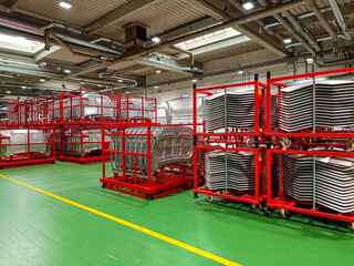 Pallets with manufactured metal parts ready for further processing in an automotive factory