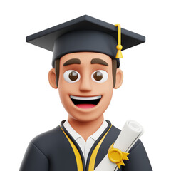 Happy graduation man with diploma 3d character isolated on transparent bacgkround
