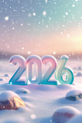 Snowy winter background featuring vibrant 2026 numbers with colorful reflections under a soft pastel sky at sunset
