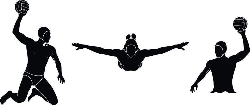 Water polo players, silhouette action, dynamic poses, swimming motion, ball handling, athletic sport, competitive game, aquatic movement, teamwork, fitness