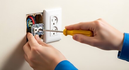 Electrician carefully installing a new electrical outlet with a screwdriver for safety