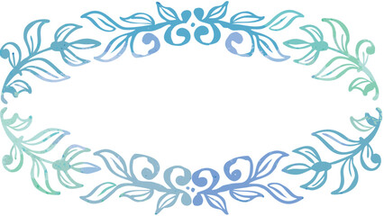 Oval frame with watercolor leaves and swirls in shades of blue and green on a white background