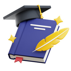 graduation thesis book with diploma cap and quill 3d illustration isolated on transparent background